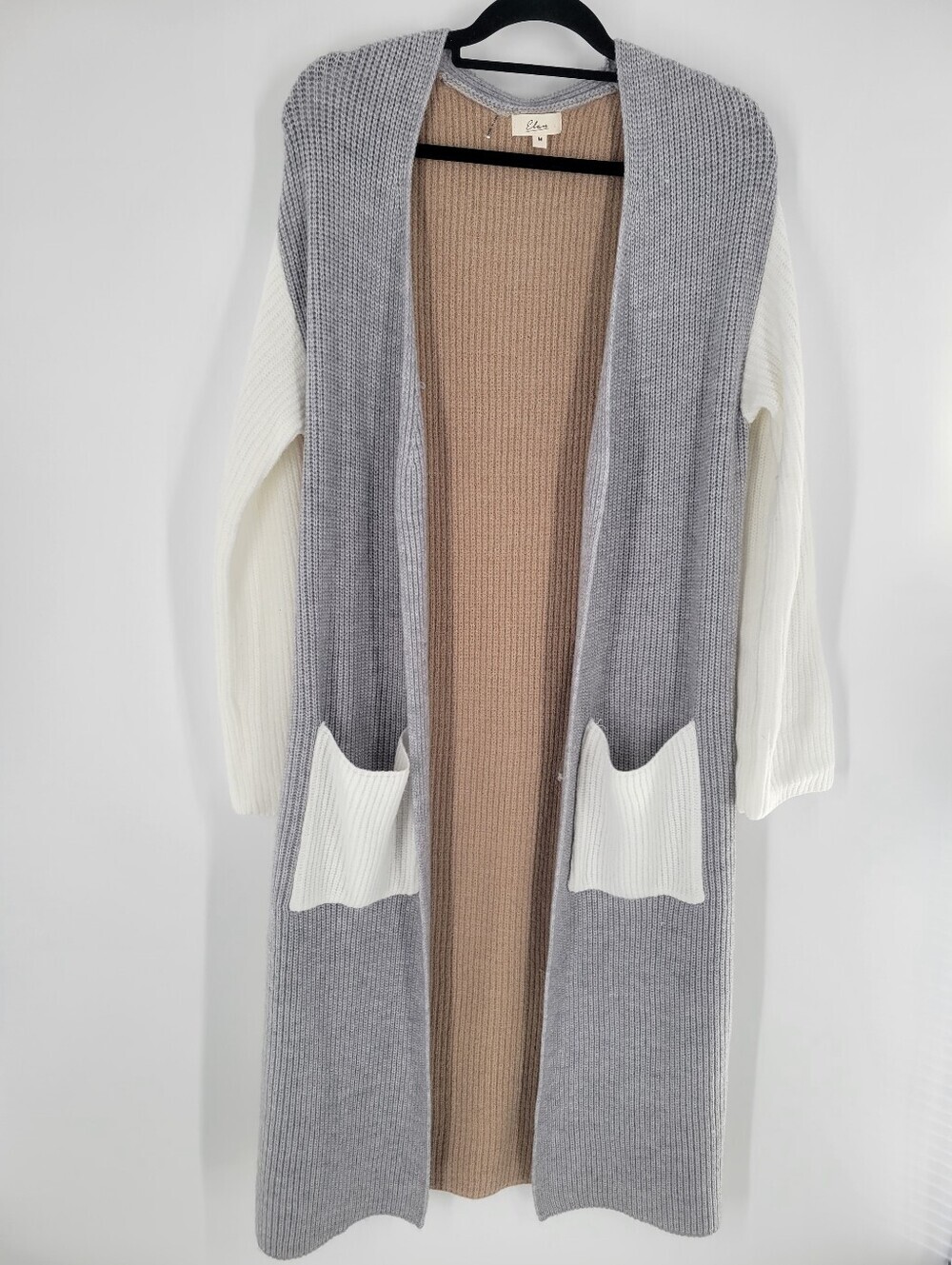 Elan Three-Tone Open Front Cardigan — Gray, Cream & Brown Size M
